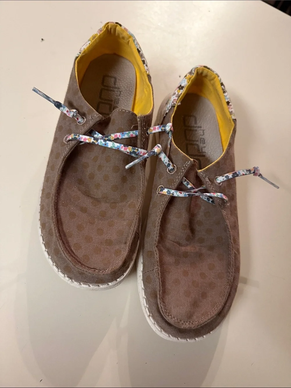 Hey Dude Brown Canvas Flats with Yellow Lining and Floral Laces